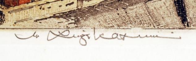 Luigi Kasimir (1881-1962): Bécsi háztetők. Színezett rézkarc, papír, jelzett, üvegezett keretben, 19...