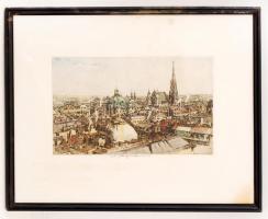 Luigi Kasimir (1881-1962): Bécsi háztetők. Színezett rézkarc, papír, jelzett, üvegezett keretben, 19...