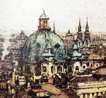 Luigi Kasimir (1881-1962): Bécsi háztetők. Színezett rézkarc, papír, jelzett, üvegezett keretben, 19...