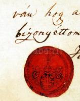 1823 Bizonysági levél tulajdon átruházásról. Kálóczy Sándor családi, címeres, szép állapotú viaszpec...