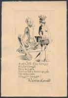 1934 Révész Kornél (1885-1944): A vén idő ifjú lánya, hozománya dús legyen. Gonosz évre boldog új év következzék, Völgyön hegyen! Erotikus rézkarc, papír, jelzett, 12,5×7cm /1934 Happy new year! Erotic etchings, signed.
