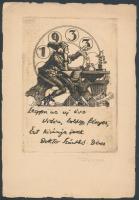 Révész Kornél (1885-1944):Legyen az új éve vidám, boldog, fényes, ezt kívánja önnek doktor Szánthó Dénes. Rézkarc, papír, jelzett, 13,5×9,5cm