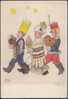 B. Koppány György: Gáspár, Menyhért, Boldizsár. Színes rézkarc, papír, jelzett, 13x10cm