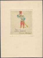 Nemes Török János (1900?-1980): Jóleső figyelmét hálásan köszönöm. Színezett rézkarc, papír, jelzett. 7,5x7cm