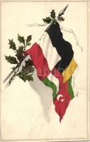 Central powers flags, military propaganda, litho