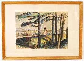 Nyergesi János (1923-1996): Panoráma a dombról. Akvarell, papír, jelzett, üvegezett keretben, 28×41 cm