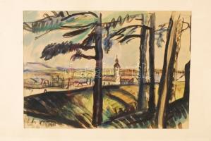 Nyergesi János (1923-1996): Panoráma a dombról. Akvarell, papír, jelzett, üvegezett keretben, 28×41 ...