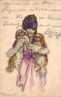 Italian art postcard, lady with dogs s: Bompard (fa)