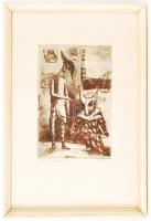Jánossy Ferenc (1926-1983): Olasz carneválozók. Rézkarc, papír, jelzett, üvegezett keretben, 19×29 cm