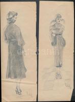 Olvashatatlan jelzéssel: 2 divat rajz. Ceruza, papír, hajtás nyomok, 29×10 cm (2×)