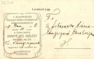 Kalocsa, a J.T. érseki Stephaneum kápolnája, hátoldalon Mária Kongregáció meghívás, kiadja Jurcsó An...