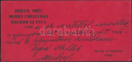 Michel Gyarmathy (1908-1996) világhírű magyar rendező, díszlet- és jelmeztervező karácsonyi üdvözlő sorai és aláírása saját névjegyén