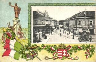 Újvidék, Duna utca, villamos, üzletek, magyar zászló és címer / street, tram, shops, Hungarian flag and coat of arms, Art Nouveau litho
