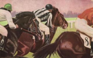 Lóverseny, művészi képeslap, s: F. Lehmann, Endspurt / horse race art postcard s: F. Lehmann
