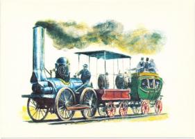 18 db MODERN használatlan motívumlap tokjában, Kondor Lajos szignóval; vonat, gőzmozdony / 18 modern...