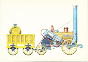 18 db MODERN használatlan motívumlap tokjában, Kondor Lajos szignóval; vonat, gőzmozdony / 18 modern...