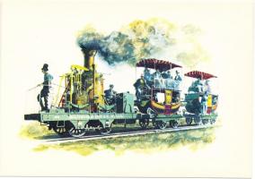 18 db MODERN használatlan motívumlap tokjában, Kondor Lajos szignóval; vonat, gőzmozdony / 18 modern...