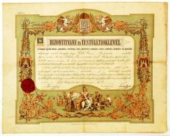 1911 Bp., A budapesti egyesült lakatos-, puskaműves-, reszelővágó-, késes-, lánckovács-, sarkantyús-, csatos-, szerkovács-, kardműves ipartestület által kiállított díszes bizonyítvány és testületi oklevél szép viaszpecséttel, okmánybélyeggel