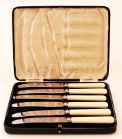 6 db elefántcsontnyelű acél gyümölcsös kés, h: 17 cm, eredeti tokjában, 1 db elefántcsontnyelű kés, h: 21 cm