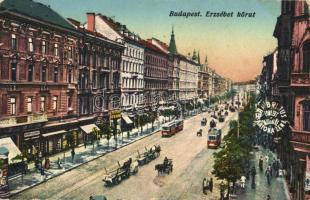 Budapest VII. Erzsébet körút, dohány és szivar bolt, villamos