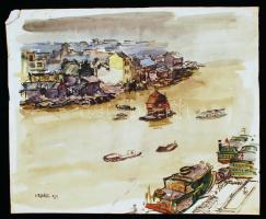 Vadász jelzéssel: Kikötői forgalom 1937, akvarell, papír, 32,5×26,5 cm