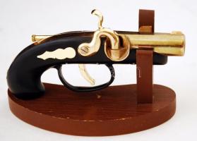 Benzinnel működő fém berakásos fa, asztali öngyújtó tartóval. cca 14,4x8cm