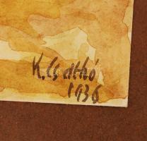 K. Csathó jelzéssel: Falu szélén 1936, akvarell, papír, üvegezett fa keretben, 21,5×15,5 cm