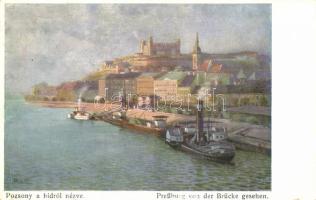 Pozsony a hídról nézve, vár, gőzhajó / castle, steamship, B.K.W.I. 386-4. s: Marx Béla (kis szakadás / small tear)
