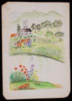 Mannheim Róza (1880-1965): Házak a folyó parton. Akvarell, papír, jelzés nélkül, gyűrött, 43×30 cm