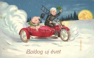 New Year, chimneysweeper and pig in a motorbike, Amag 2801. litho (EK)