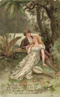 Romantikus pár, aranyozott dekorációval Emb. litho, Romantic couple with mandolin, golden decoration Emb. litho