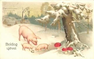 New Year, pigs, with mushrooms, glden decoration litho