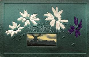 Windmill, flowers, silk greeting card (wet damage)