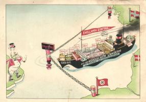 1940 April 2., Englands Einfuhr / Map of the Operation Weserübung, Denmark, Norway, Germany and Great Britain, WWII humorous military propaganda card (EB)