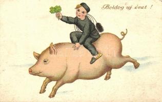 New Year, pig riding chimneysweeper litho (fa)