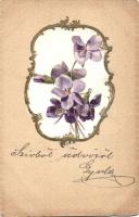 Viola flowers, golden frame, litho (EB)