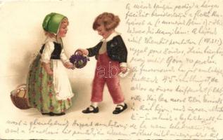 Children couple, flowers, folklore litho, Gyerek pár, litho