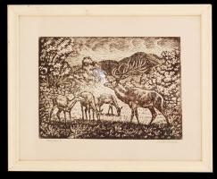 Réti Mátyás (1922-2002): Szarvasok. Linó, papír,  jelzett, üvegezett keretben, 25x35 cm