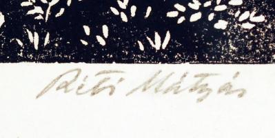 Réti Mátyás (1922-2002): Szarvasok. Linó, papír,  jelzett, üvegezett keretben, 25x35 cm