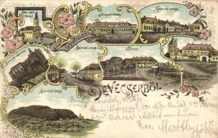 1899 Devecser, Járásbíróság, Kossuth és Baross utca, Piac, Gróf Esterházy várkastély, Somlyói vár, kiadja Rosenberg Zsigmond, floral Art Nouveau litho (EK)