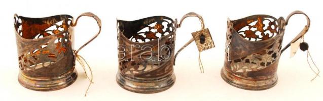 3 db dagesztáni ezüstözött réz pohártartó, tanúsítvánnyal, d: 7 cm