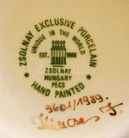 Gazdagon díszített Zsolnay porcelán váza, kézzel festett, jelzett, hibátlan, d: 6 cm, m: 25,5 cm