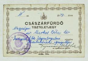 1947 Tiszteletjegy a Császárfürdőbe, mellyel a szénsav, villany és külön iszapfürdő kivételével  minden szolgáltatás igénybe vehető