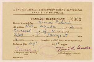 1944 Bp., A Magyarországi Keresztény Zsidók Szövetsége által kiállított tagsági igazolvány