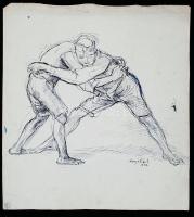 Komjáti-Wanyerka Gyula (1894-1958): Birkózók. Tusrajz, papír, jelzett, 30×27 cm