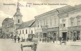 Marosvásárhely, Széchenyi tér, Szent Ferenc rendiek temploma, Holbach Ede üzlete, Schwartz Móritz és Társa Unio Szállítási vállalata, Szekeres Ferenc cipész üzlete, Löbl üzlete, Porjes S. kiadása / square, church, shops, carriage company (fa)