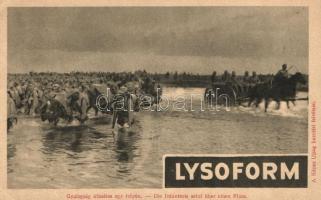 WWI military card, Lysoform advertisement on the backside, Gyalogság átkelése egy folyón, a Képes Újság felvételei; hátoldalán Lysoform reklám