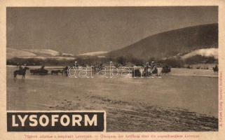 Tüzérek átkelése a megáradt Latorcán, a Képes Újság felvételei; hátoldalán Lysoform reklám / WWI military card, cavalry, Lysoform advertisement on the backside (EK)