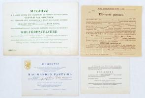 1933-1934 3 db régi meghívó(Pestvidéki Kir. Törvényszék teaestje, Magyar Athletikai Club mac garden party, Magyar Görög Kat. Egyetemi és Főiskolai Hallgatók Vasvári Pál Körének kultúrestélye), 1 db m.kir. pénzügyőri biztosi kerület vezetője által kiadott kitöltetlen elővezető parancs