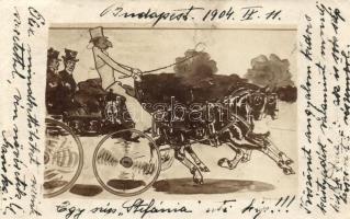 Horse carriage with couple, artist signed (fa)